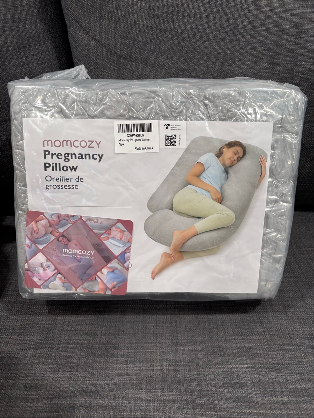 Momcozy Gray Pregnancy Pillow for Full-Body Comfort